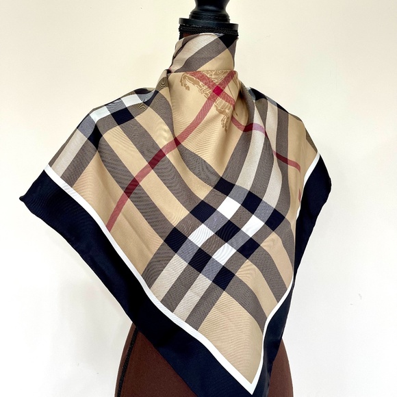 NWT Burberry Scarf Beige Check Black Border Silk Wrap - Picture 1 of 12